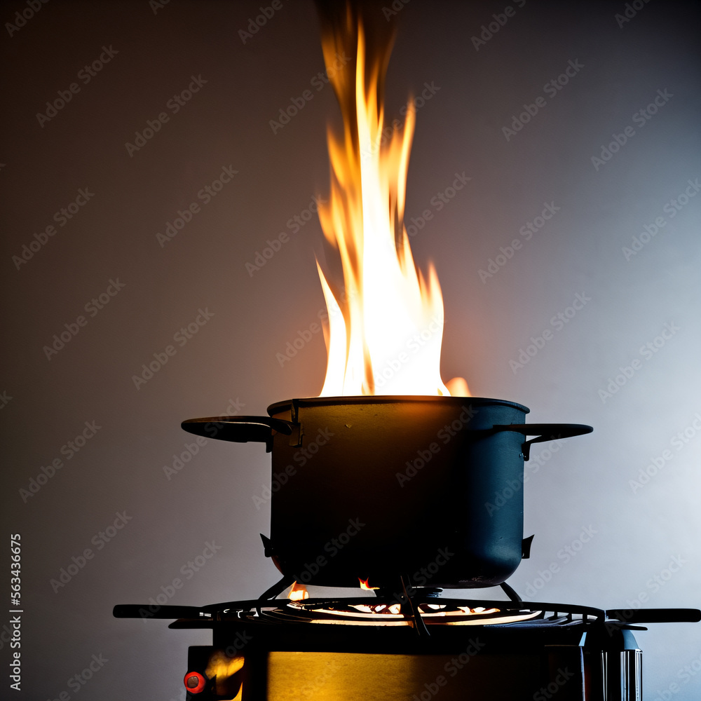 Isolated closeup view of stove on fire burning with extremely large