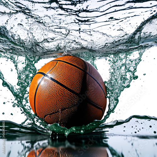 Isolated wet basketball ball partially submerged underwater with dramatic turbulent water splashes and bubbles against a white background with custom ball design produced by using Generative AI © StudioJXW