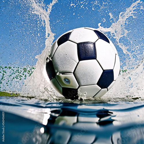 Isolated wet soccer ball partially submerged underwater with dramatic turbulent water splashes and bubbles against a white background with custom ball design produced by using Generative AI © StudioJXW