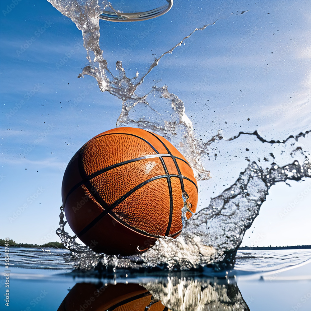 Isolated wet basketball ball partially submerged underwater with dramatic turbulent water