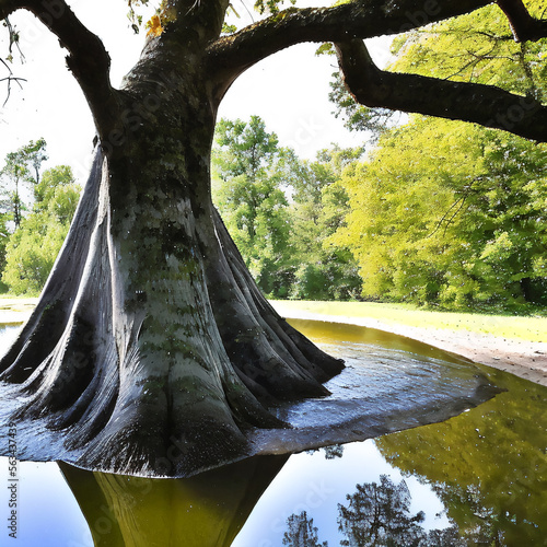 Tree partially submerged underwater by flood with mud and reflections in a forest against a white daytime background closeup view of trunk with widespread flooding produced by using Generative AI photo