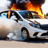 Car crash accident with fiery inferno on roadway with hot smoky flames scene of destruction with broken smashed car parts for metaphor for sudden catastrophic disaster produced by using Generative AI