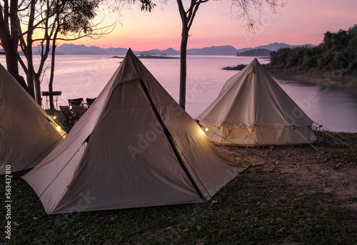 Camping tent in a camping in a forest by the river