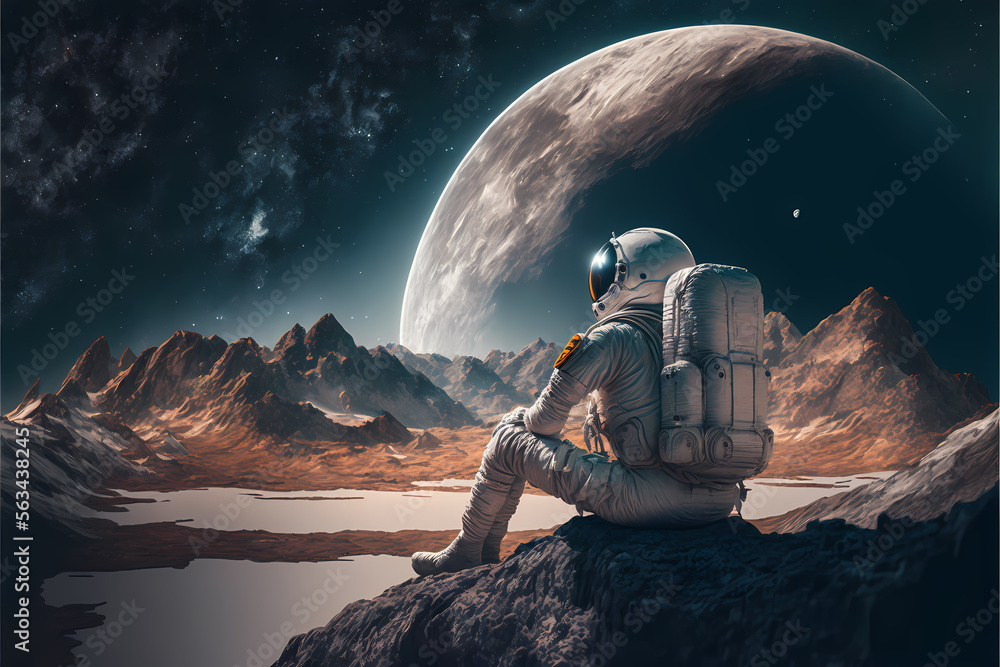  sitted realistic astronaut in moon looking to earth  - obrazy, fototapety, plakaty 