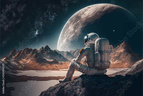  sitted realistic astronaut in moon looking to earth  photo