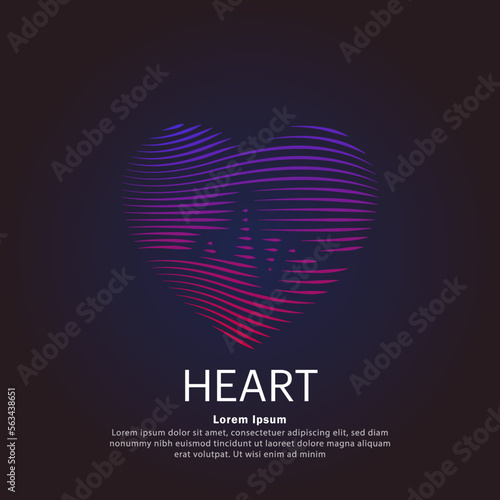 Human medical heart shape with cardio pulse flat line art structure. Vector logo heart care color silhouette on a dark background. EPS 10