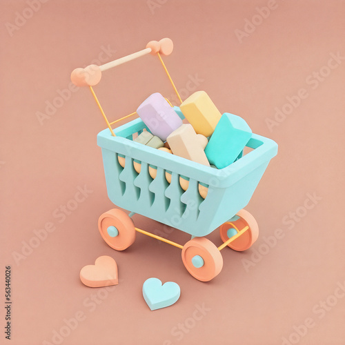 Cute & whimsical 3D shopping cart icon character perfect for e-commerce, retail projects, website icons, app buttons, marketing materials. Adorable cartoon-like design, cheerful colors, generative ai photo