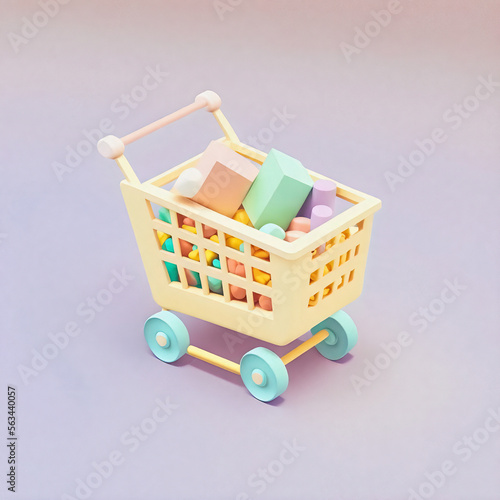 Cute & whimsical 3D shopping cart icon character perfect for e-commerce, retail projects, website icons, app buttons, marketing materials. Adorable cartoon-like design, cheerful colors, generative ai photo