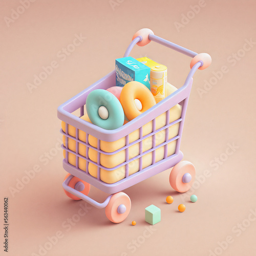 Cute & whimsical 3D shopping cart icon character perfect for e-commerce, retail projects, website icons, app buttons, marketing materials. Adorable cartoon-like design, cheerful colors, generative ai photo