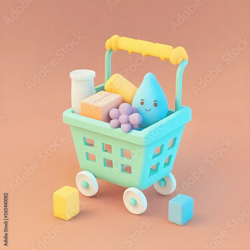 Cute & whimsical 3D shopping cart icon character perfect for e-commerce, retail projects, website icons, app buttons, marketing materials. Adorable cartoon-like design, cheerful colors, generative ai photo