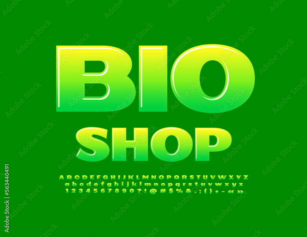 Vector eco Emblem Bio Shop. Green Glossy Font. Artistic Alphabet Letters, Numbers and Symbols Vector eco Emblem Bio Shop. Green Glossy Font. Artistic Alphabet Letters, Numbers and Symbols