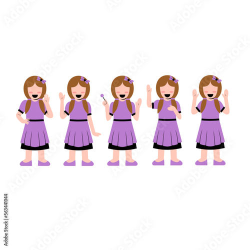 Set Of Little Girl Character Waving Hand