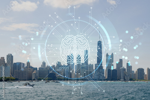 City view, downtown skyscrapers, Chicago skyline panorama, Lake Michigan, harbor area, daytime, Illinois, USA. Artificial Intelligence concept. AI, machine learning, neural network, robotics. Hologram