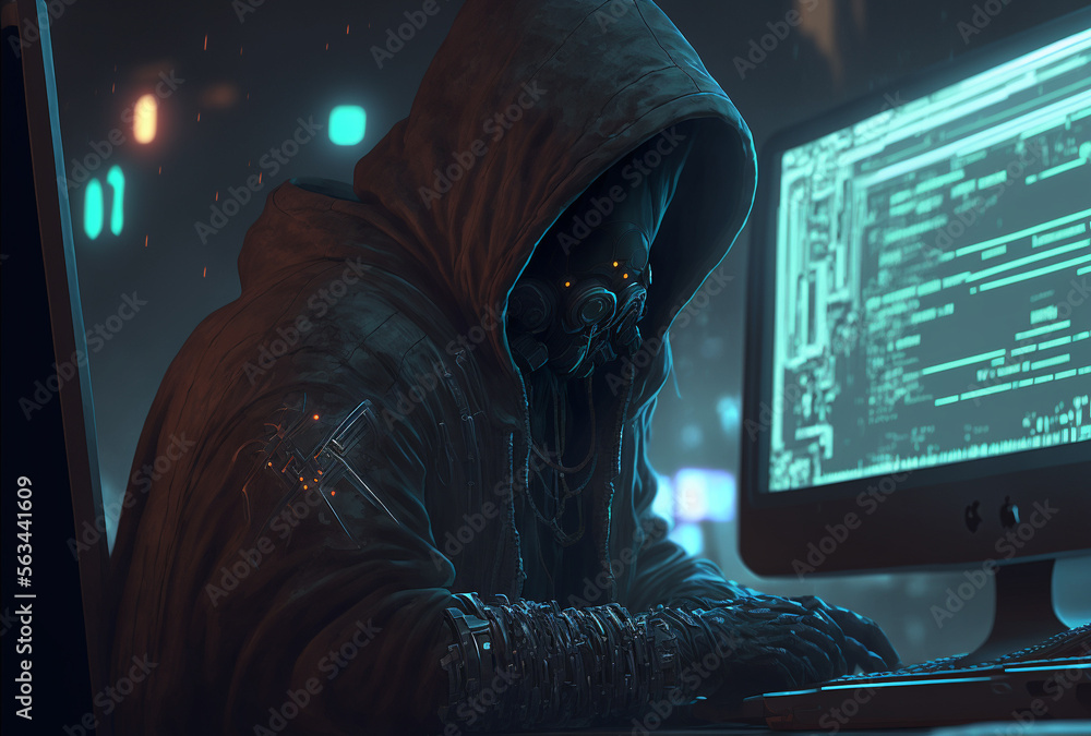 A man in a hooded jacket working on a computer, Generative AI A man in a hooded jacket working on a computer, Generative AI