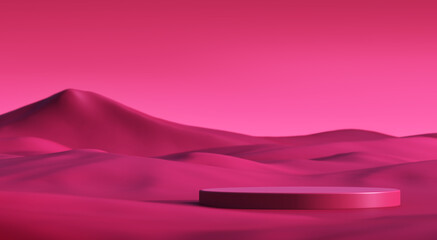Foto auf Acrylglas Pantone 2023 Viva Magenta Landscape mountain or hill, sand dunes, sky display circle podium viva Magenta or ruddy color luxury backdrop. showcase product stage. Pedestal hot pink of cosmetic skincare, fashion. 3D Illustration.  © chawalit