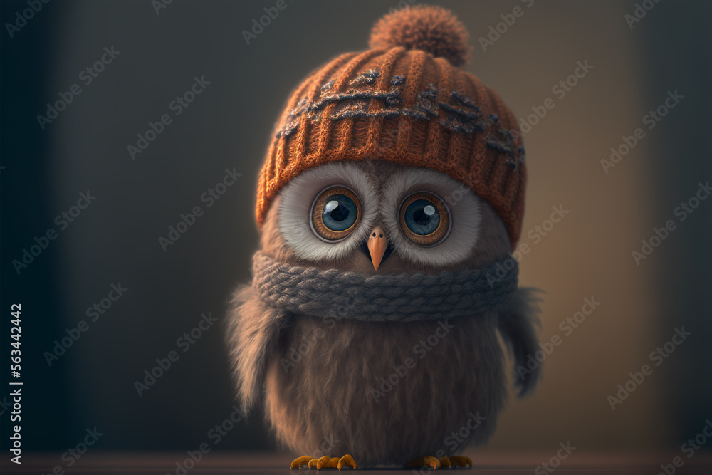 A small owl with big eyes wearing a knitted hat, Generative AI