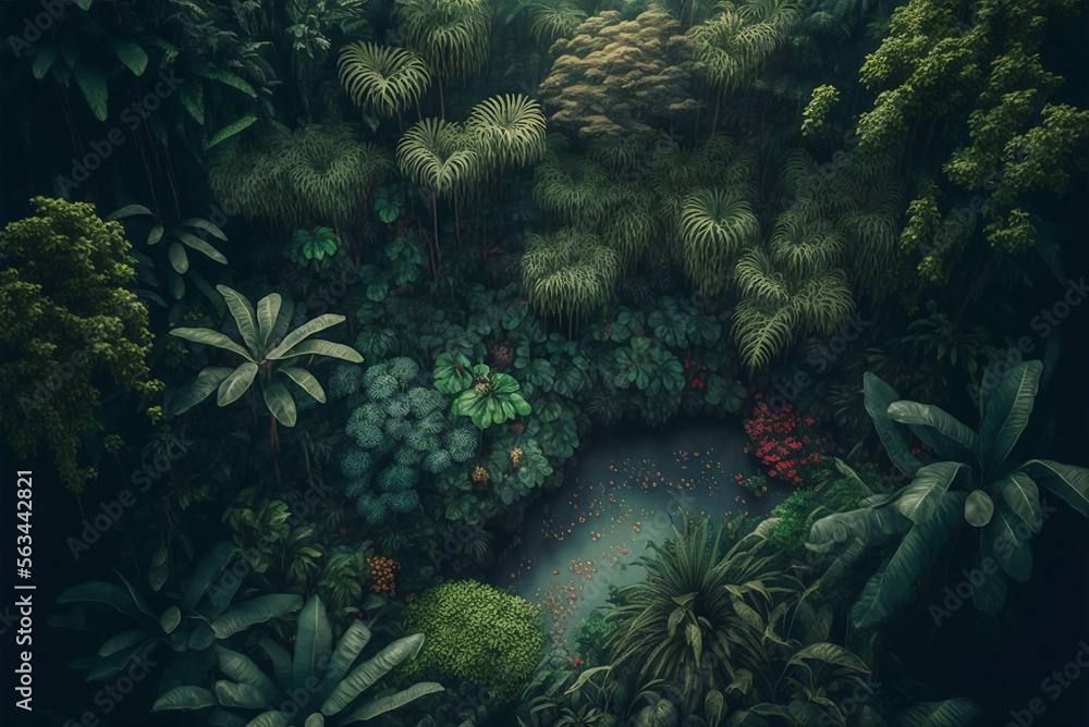 rainforest with a pond in the middle view from above rainforest with a pond in the middle view from above