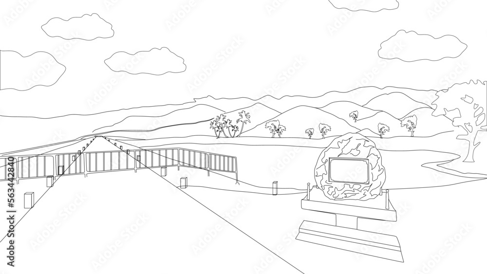 Obraz premium The best tropical landscape outline sketch drawing, with lake or water dam, stone inscription, fence, road, mountains, trees, and clouds. Vector illustration in trendy style. For kids coloring book.