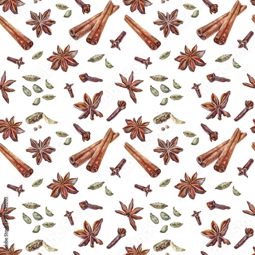 Seamless pattern watercolor condiment on white background. Badian, cinnamon spice cloves and cardamom. Hand-drawn art for dessert or drink. Aroma christmas food. Fragrant art for wallpaper wrapping