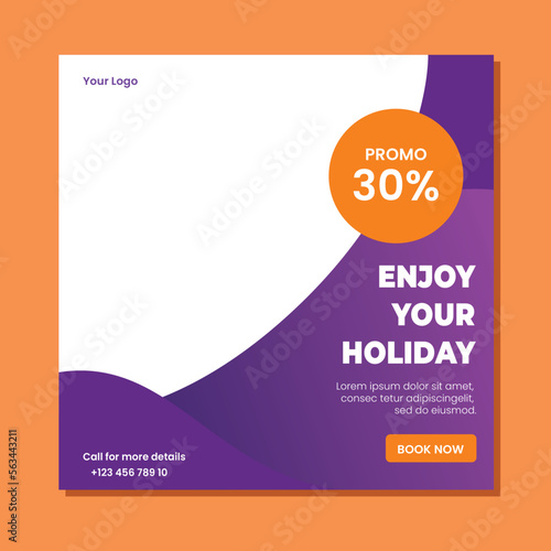 Holiday travel, traveling or summer beach travelling social media post or web banner template design. Tourism business marketing flyer or poster with abstract digital background, logo and icon.