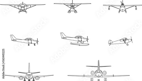 set of sketch vector illustration of airplane design various side view