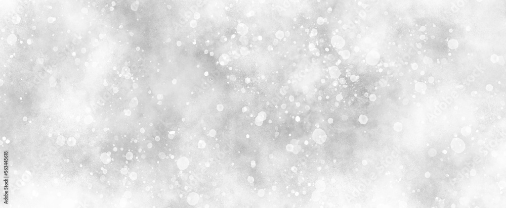 Clear and shiny white or grey background with bubbles and snowflakes, beautiful white watercolor background with glitter particles, white bokeh background for wallpaper, invitation, cover and design.	