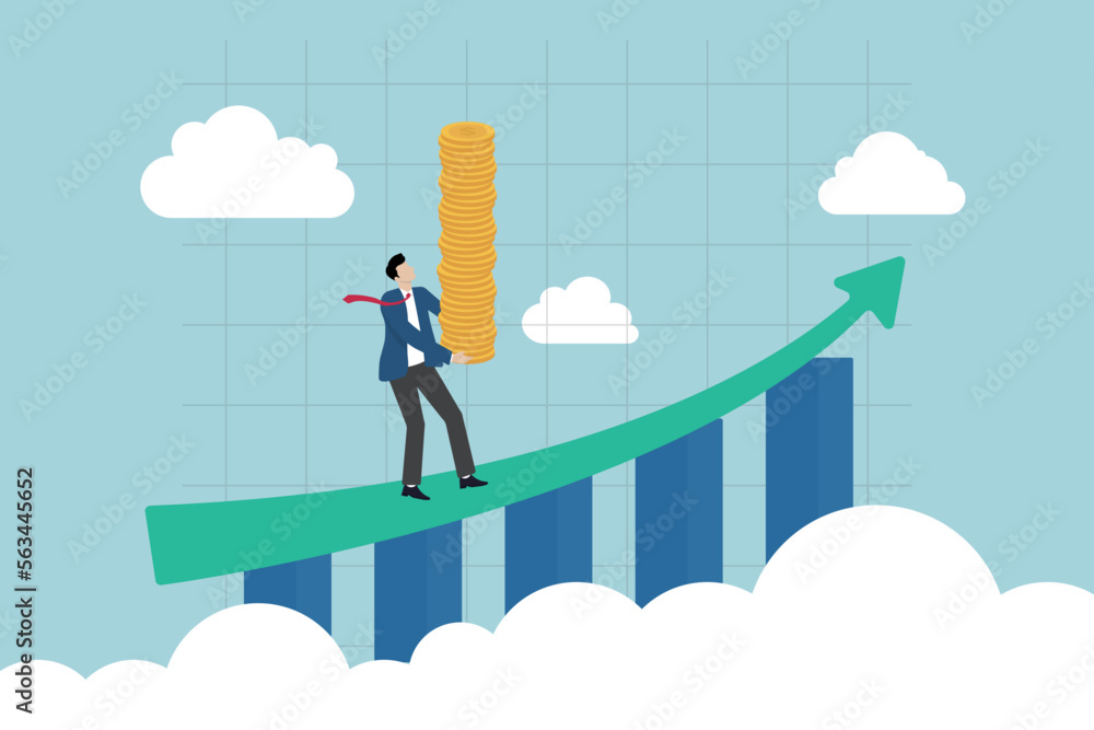 Financial market, investment earning or money management analysis, economic growth, stock exchange market report concept, businessman investor holding money coin analyze financial graph and chart. Financial market, investment earning or money management analysis, economic growth, stock exchange market report concept, businessman investor holding money coin analyze financial graph and chart.