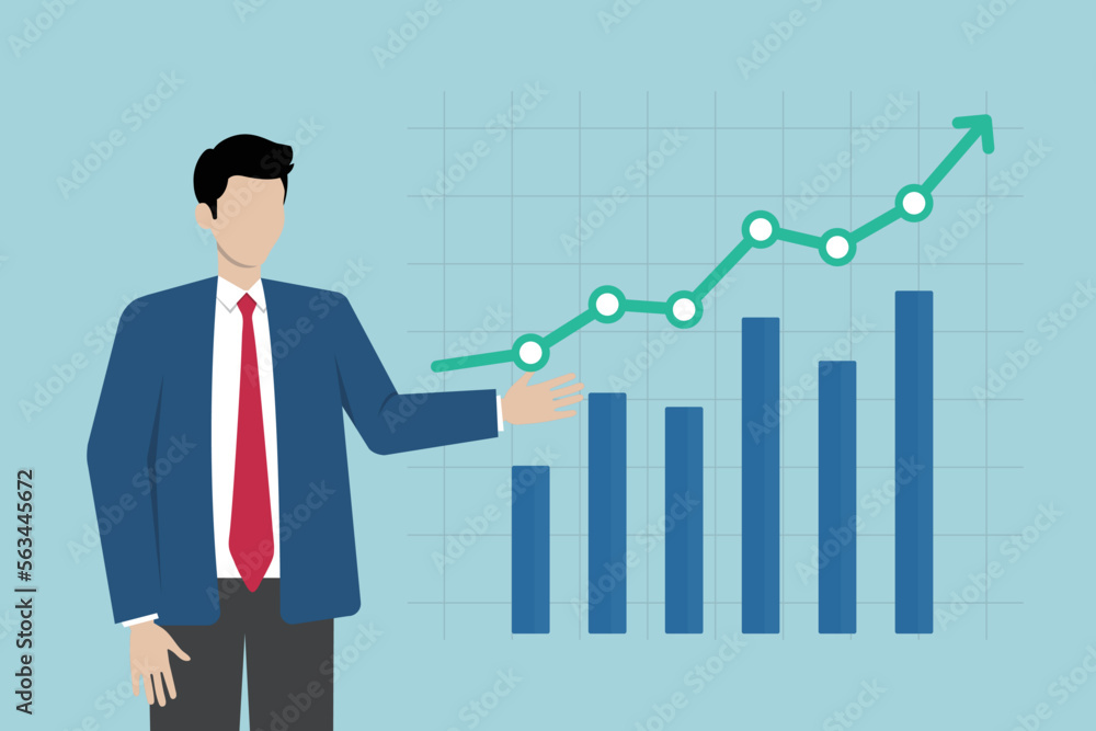 Financial market, investment earning or money management analysis, economic growth, stock exchange market report concept, businessman investor holding money coin analyze financial graph and chart. Financial market, investment earning or money management analysis, economic growth, stock exchange market report concept, businessman investor holding money coin analyze financial graph and chart.