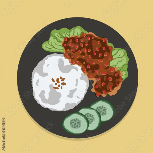Ayam Geprek Indonesian Food crispy fried chicken with hot and spicy sambal Chili Sauce Served Steam Rice recipe.Currently ayam geprek found in Indonesia and neighbouring countries, Food illustration