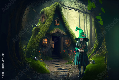 Dwarf elf in the magical forest with green vintage hut background. Generative AI
