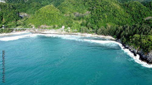 Aerial view of blue sea waves on Lhoknga beach, Aceh Province, Indonesia photo