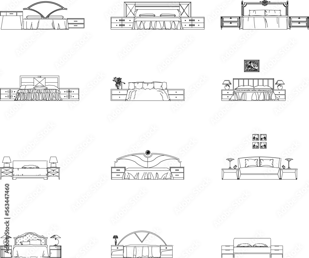 icons set sketch vector illustration of black and white bed front view