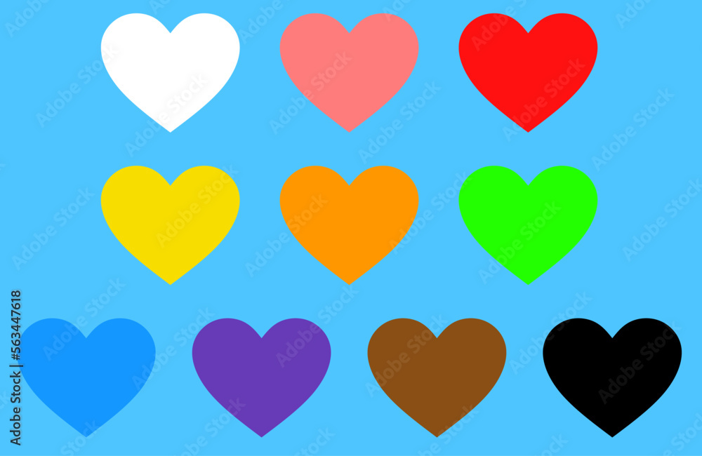 vector set of love or hearts in various colors. white, pink, red, yellow, orange, green, blue, purple, brown, black. light blue background