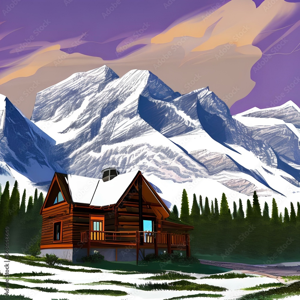 A snowy mountain range with a cabin nestled at the base1, Generative AI