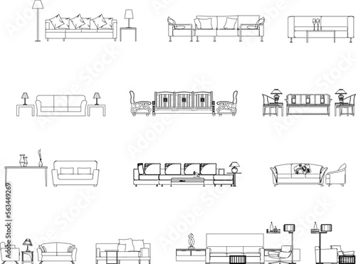 set of drawings vector sketch of black and white living room sitting sofa front view