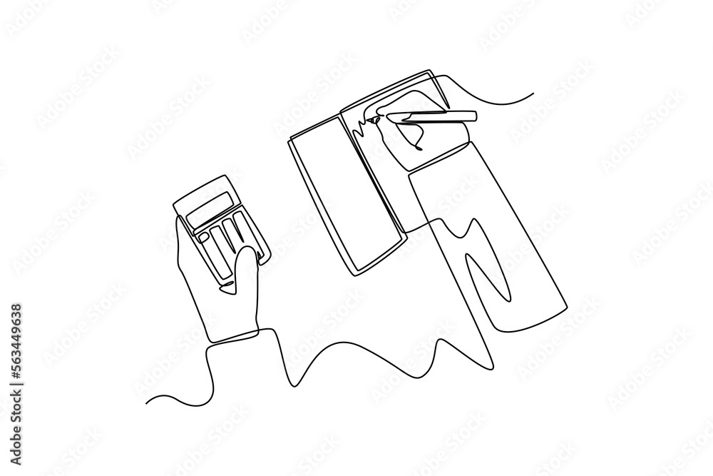 Continuous one line drawing hand using calculator and writing make note with calculate about cost. Budget planner concept. Single line draw design vector graphic illustration.