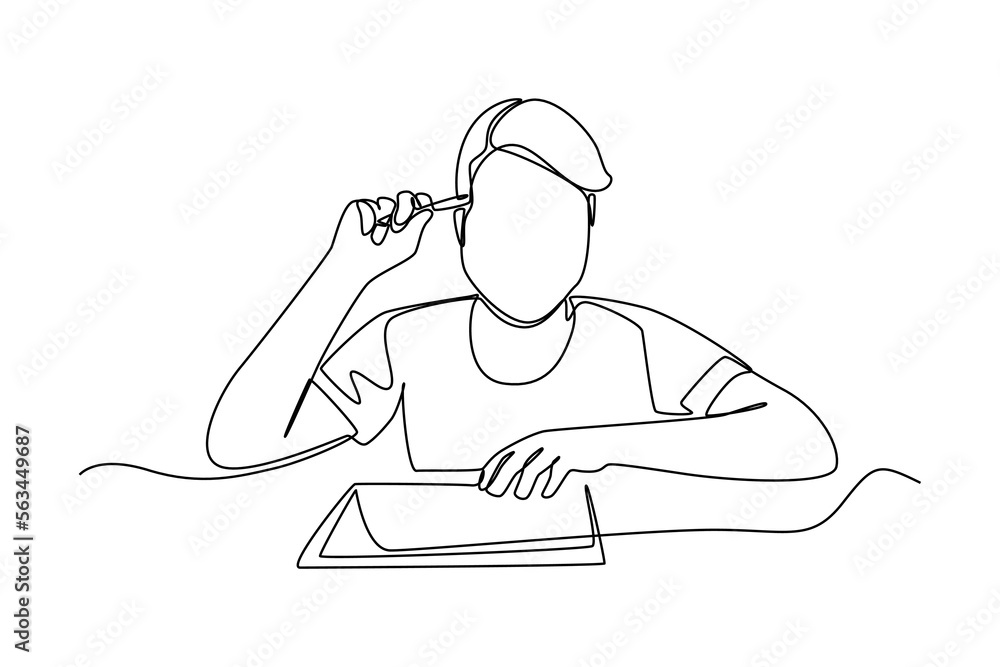 Continuous one line drawing young boy thinking about budget planning. Budget planner concept. Single line draw design vector graphic illustration. Continuous one line drawing young boy thinking about budget planning. Budget planner concept. Single line draw design vector graphic illustration.