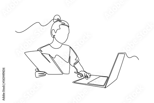 Continuous one line drawing happy woman make budget planner with laptop and analyzing her spendings. Budget planner concept. Single line draw design vector graphic illustration.