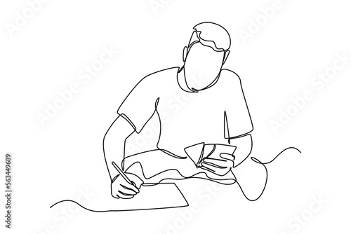 Continuous one line drawing happy man makes budget planner and analyzing his spendings. Budget planner concept. Single line draw design vector graphic illustration.