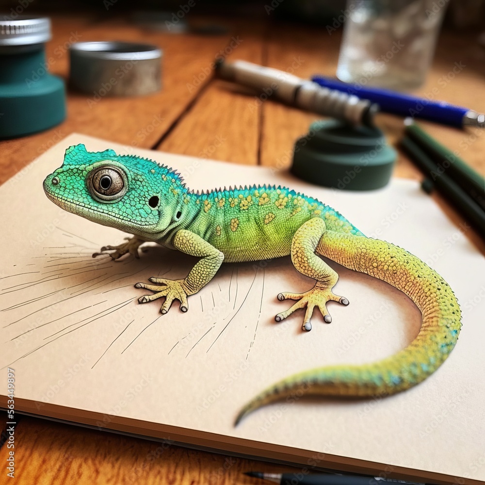 Naklejka premium Cute lizard hand drawn by kid (generative AI)