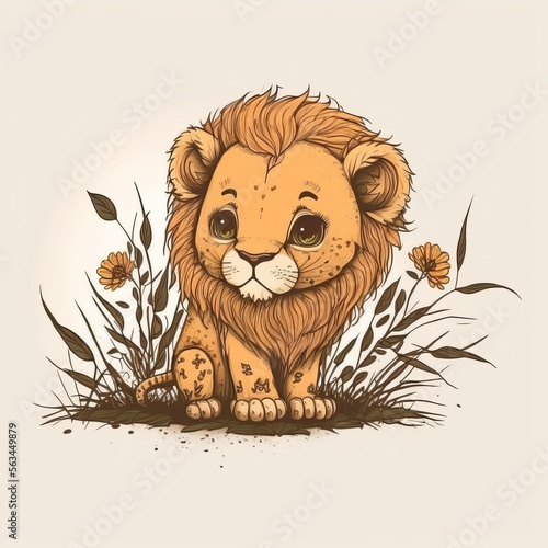 Cute lion hand drawn by kid (generative AI)