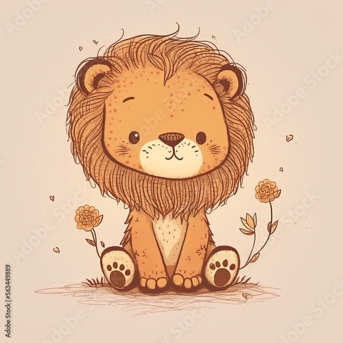 Cute lion hand drawn by kid (generative AI) photo