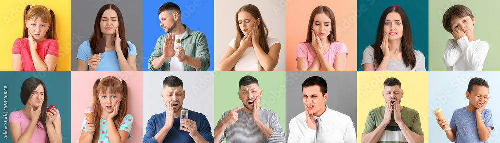 Collage with many people having toothache on color background Collage with many people having toothache on color background