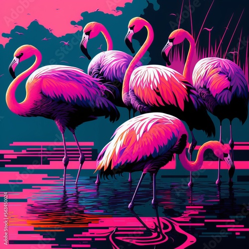 Pink and Purple Pop Art Wildlife Flamingos Animals in a Natural Wild Lagoon  generative AI 