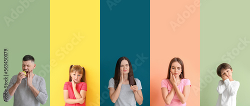 Schilderij op canvas Collage with many people having toothache on color background