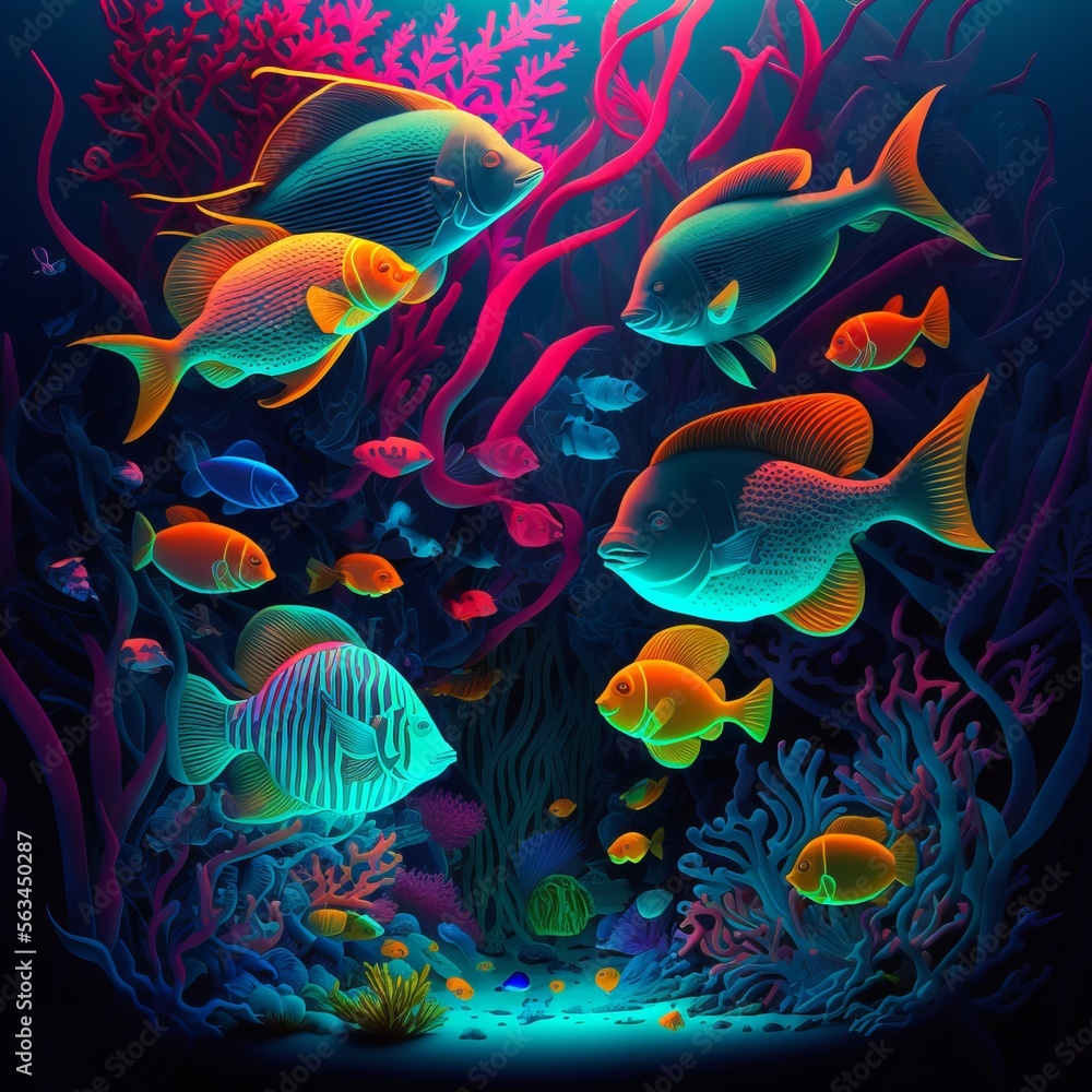 Underwater scene with a school of tropical fish in bright neon colors (generative AI) Underwater scene with a school of tropical fish in bright neon colors (generative AI)