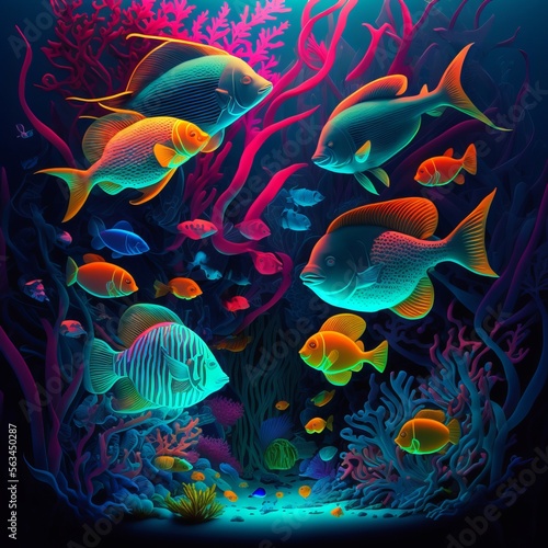 Underwater scene with a school of tropical fish in bright neon colors (generative AI)