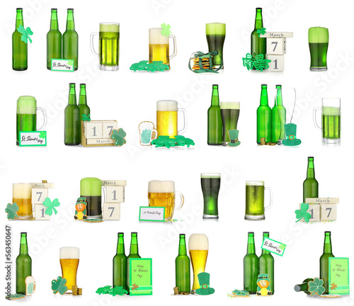 Collage of tasty beer, calendars with date of St. Patrick's Day, greeting cards and cookies on white background