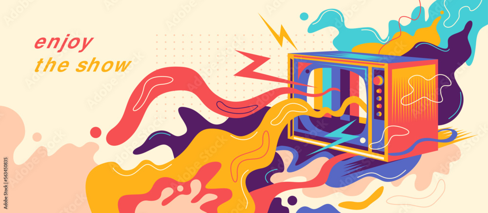 Colorful abstract background lifestyle illustration with a retro TV set and splashing shapes. Vector illustration. Colorful abstract background lifestyle illustration with a retro TV set and splashing shapes. Vector illustration.