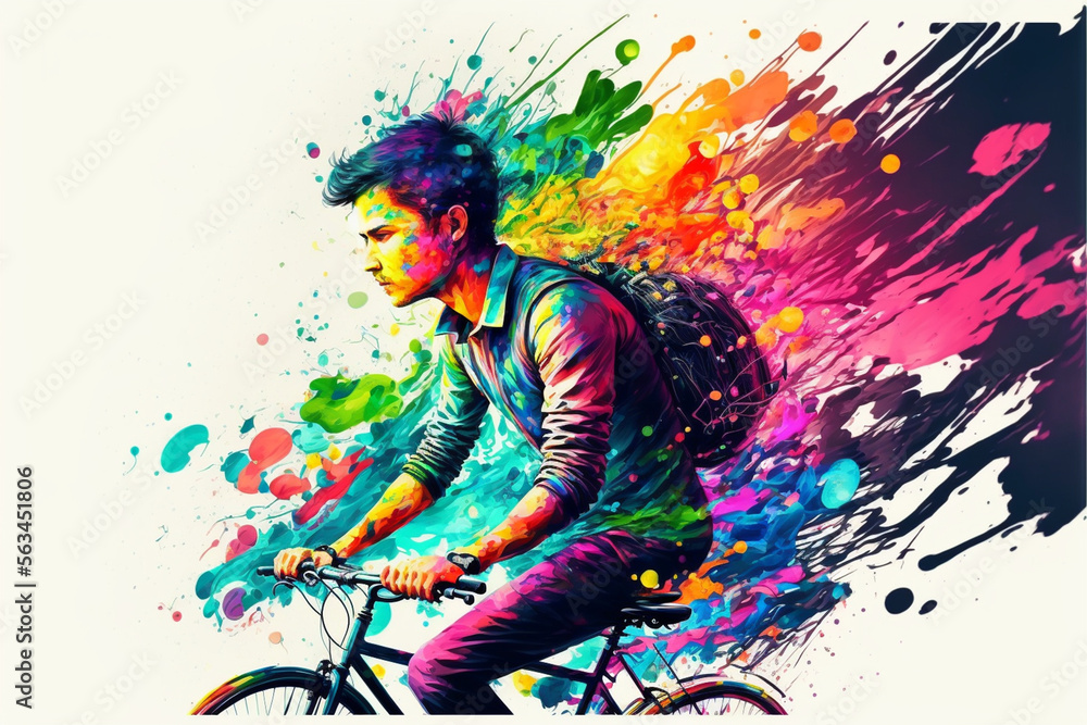 Young man riding a bicycle with a shoulder bag, colorful energy, Generative AI	